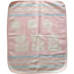 Vintage Beacon Pink White Teddy Bear Balloon Baby Blanket Pastel Stripe WPL 1675